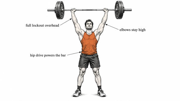 Athlète réalisant un thruster en CrossFit, barre au-dessus de la tête
